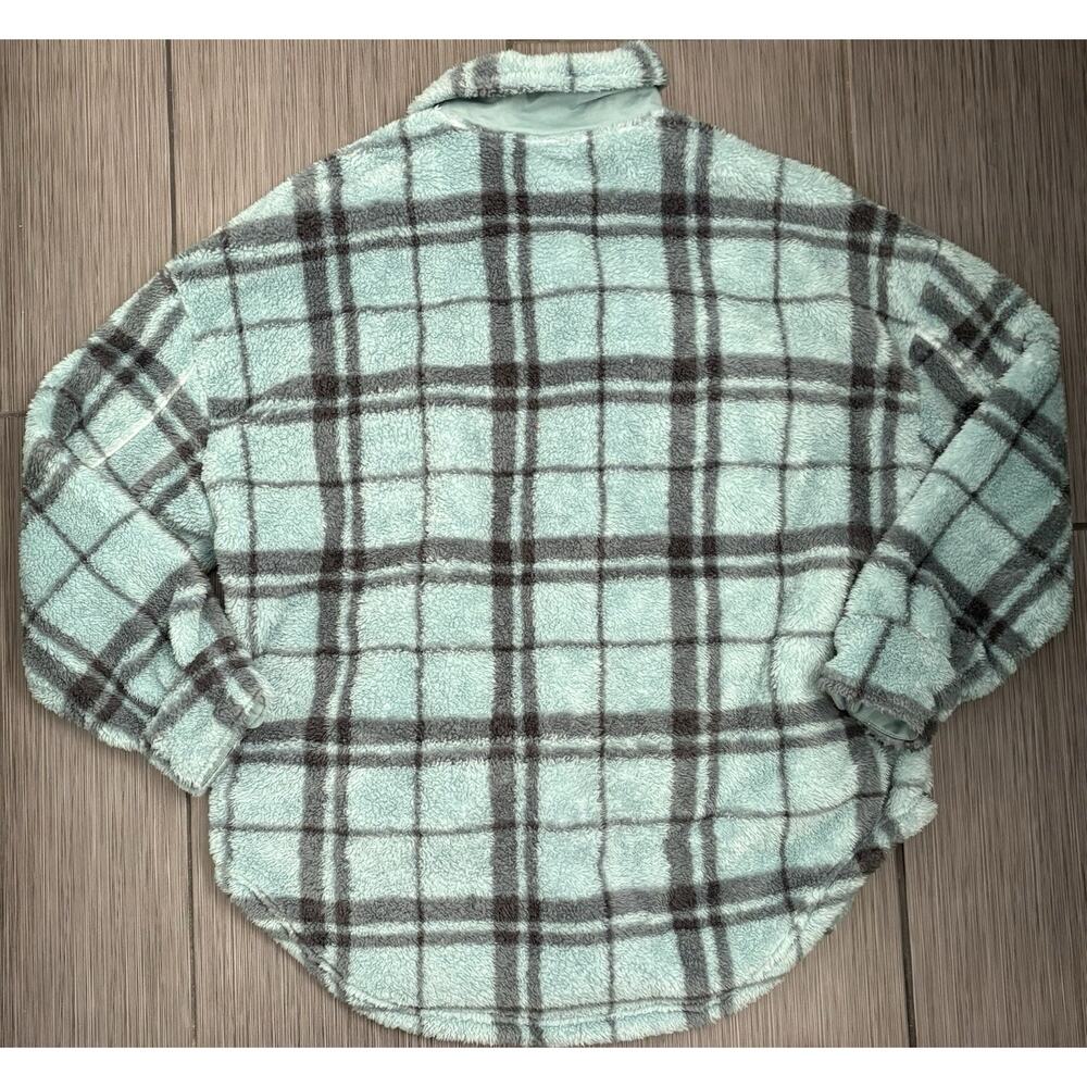 PacSun Womens Homecoming Button Down Sherpa Shirt Shacket Jacket M/L Green Plaid - Picture 4 of 5